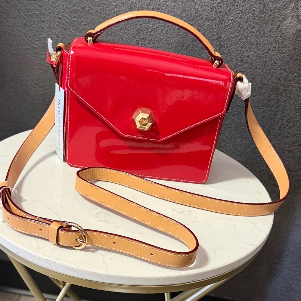 Frances Valentine Crossbody Purse. Mini Midge red Patent and Vachetta . NEW